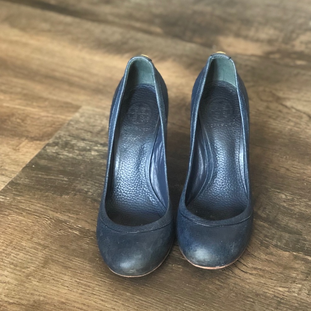 Tory Burch navy leather wedges